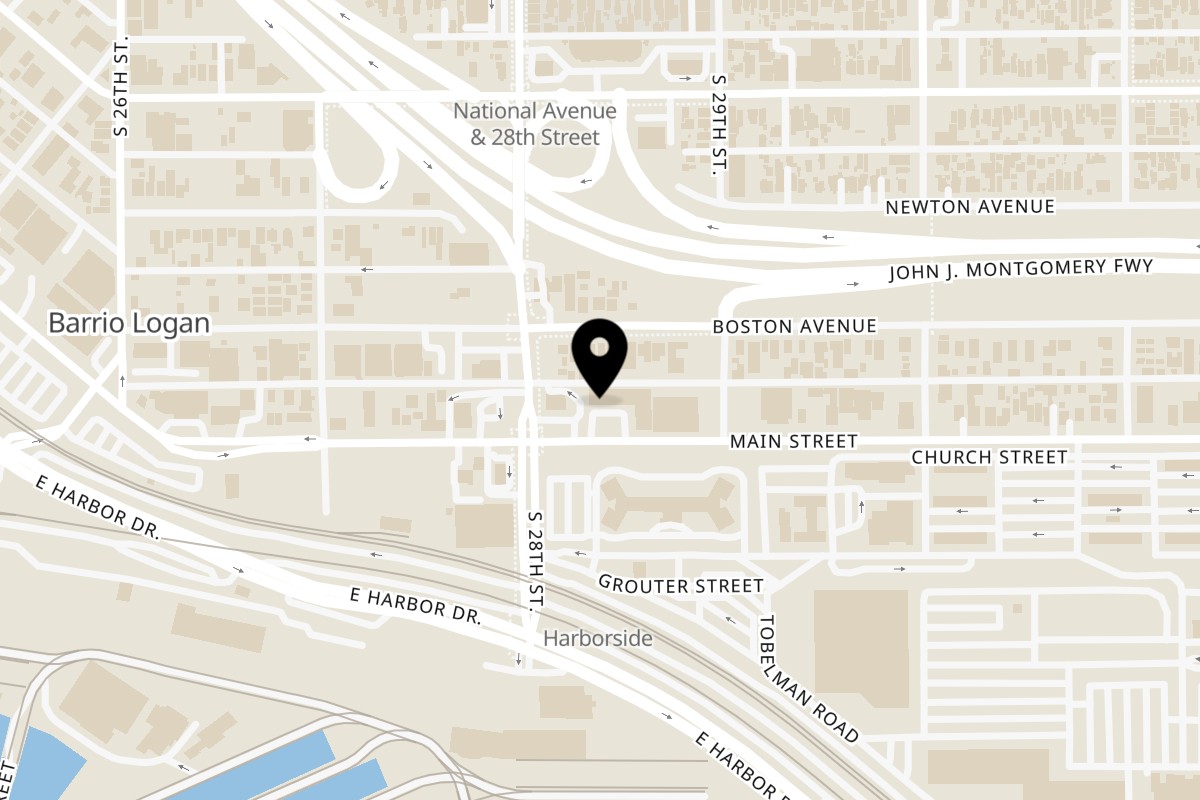 Map showing the location of Sorianos Pizzeria on 2844 Main Street in San Diego